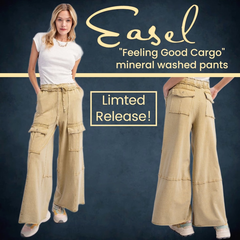 EASEL “Feeling Good Cargos” Mineral Washed Flared Leg, Raw Seams & Hems, Pockets